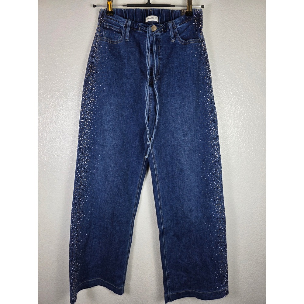 Muundim Womens Rhinestone Embellished Wide‎ Leg Jeans Blue Size L